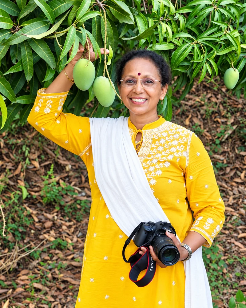 Behest Of Nature — Founder Asha Kulkarni with Mango in hand at Farm